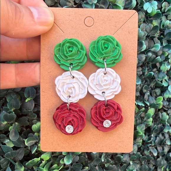 Jewelry - Handmade Floral Red, White, and Green Earrings with a Bedazzled Stone